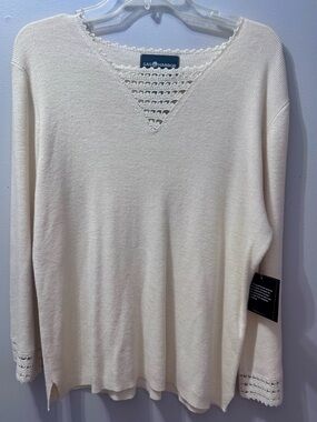 Sag Harbor Cream Crochet-Trim V-Neck Sweater, Size XL, NWT